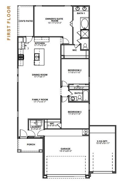 2D floor plan layout for the Wren 1584SB3CG by Saratoga Homes in Crosby Farms, Crosby, TX (Image 3).