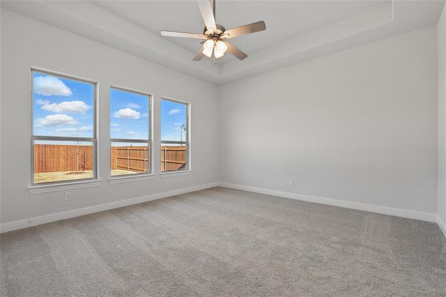 Unfurnished room with a raised ceiling, light carpet, and ceiling fan