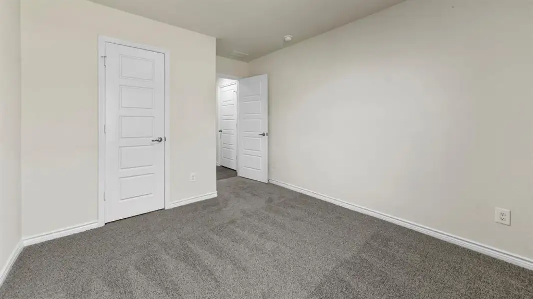 Neutral wall paint, gray carpet flooring, white baseboards, and two white paneled doors with silver hardware
