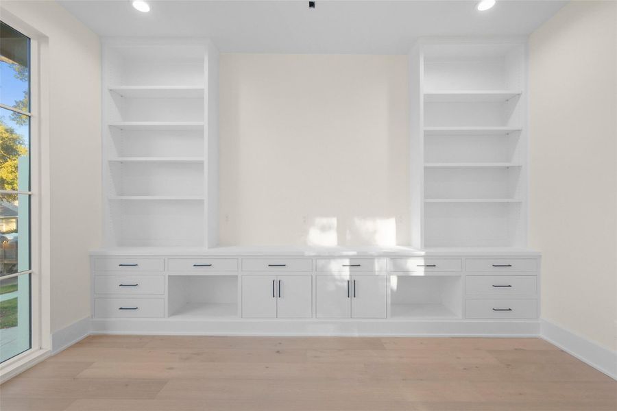 Concept for study includes light-filled area featuring extensive built-ins for both work and display. Ideal for remote work Concept for study includes light-filled area featuring extensive built-ins for both work and display. Ideal for remote work