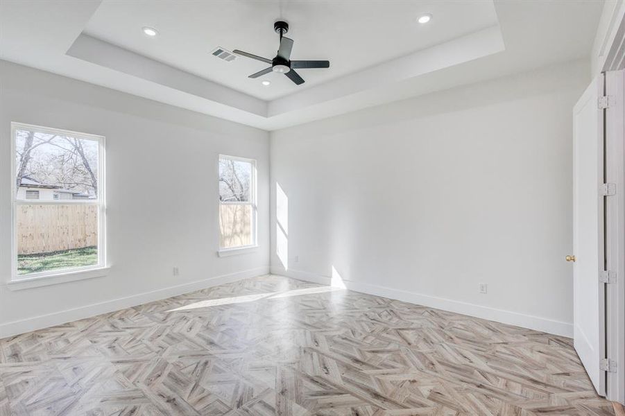 Empty room with light parquet flooring, a healthy amount of sunlight, and a tray ceiling