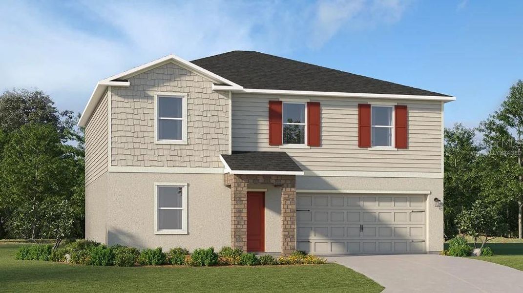 Front exterior of a new home in Crosswinds: Estate Key Collection, Haines City, FL, highlighting curb appeal (Image 1).