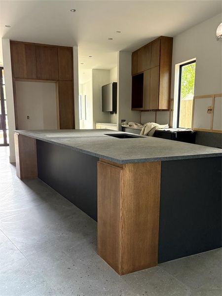 Combination of stained and painted cabinets, lots of cabinet space. 42" Jenn Air black interior with LED light Fridge to fit in large stained cabinet. Island and cabinet tops are made from sandblasted 3CM Granite. Quartzite Sink.