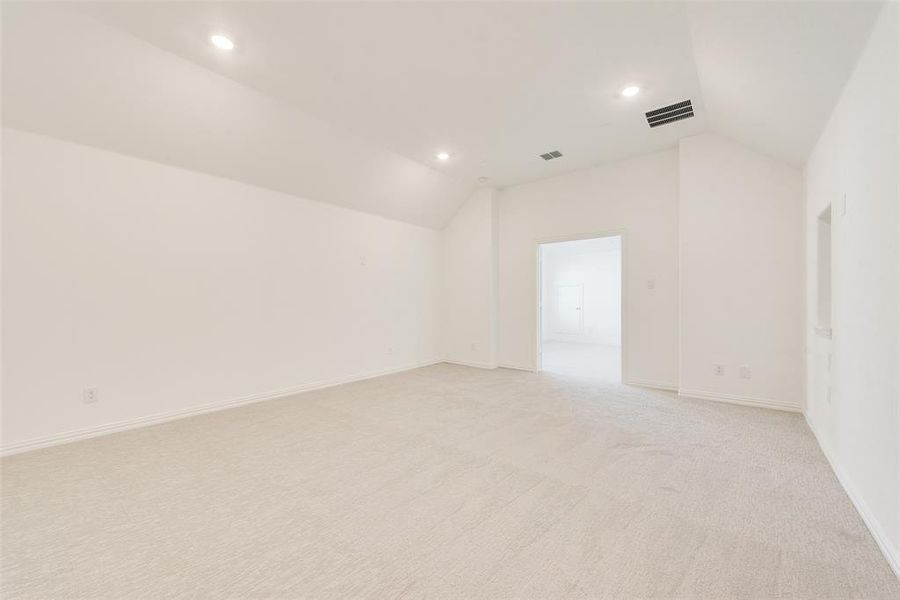 Carpeted spare room with lofted ceiling