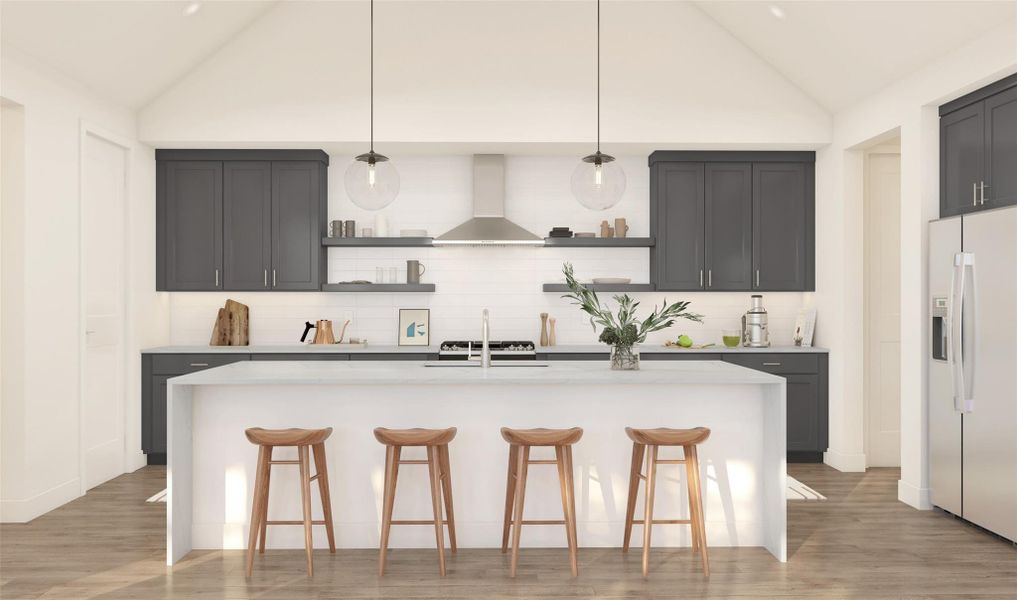 Gourmet island kitchen with grey cabinets (*Artist rendering used for illustration purposes only.)