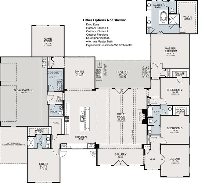 2D floor plan layout for the Abilene by Sitterle Homes in Enchanted Bluff, Garden Ridge, TX (Image 3). 2D floor plan layout for the Abilene by Sitterle Homes in Enchanted Bluff, Garden Ridge, TX (Image 3).