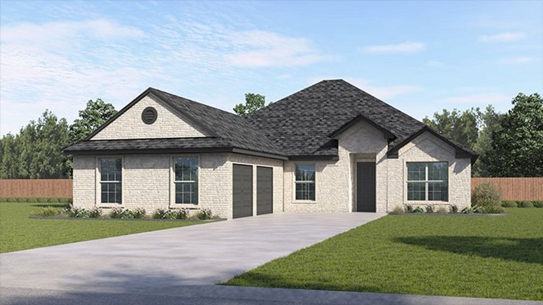 Representative exterior photo of a completed home built from the Angelina by D.R. Horton in Peachtree Meadows, Rockwall, TX (Image 1). Representative exterior photo of a completed home built from the Angelina by D.R. Horton in Peachtree Meadows, Rockwall, TX (Image 1).