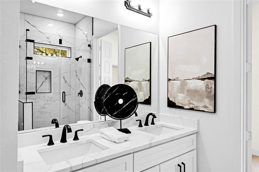 Bathroom with vanity and walk in shower