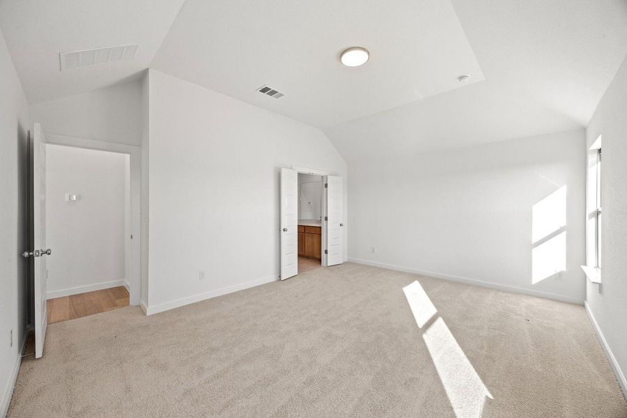 Sun-filled primary bedroom with vaulted ceilings and plush carpeting offers a peaceful retreat.