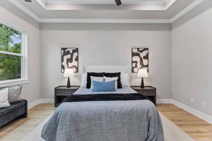 A tranquil primary bedroom features light hardwood flooring and a stylish tray ceiling, perfect for unwinding.