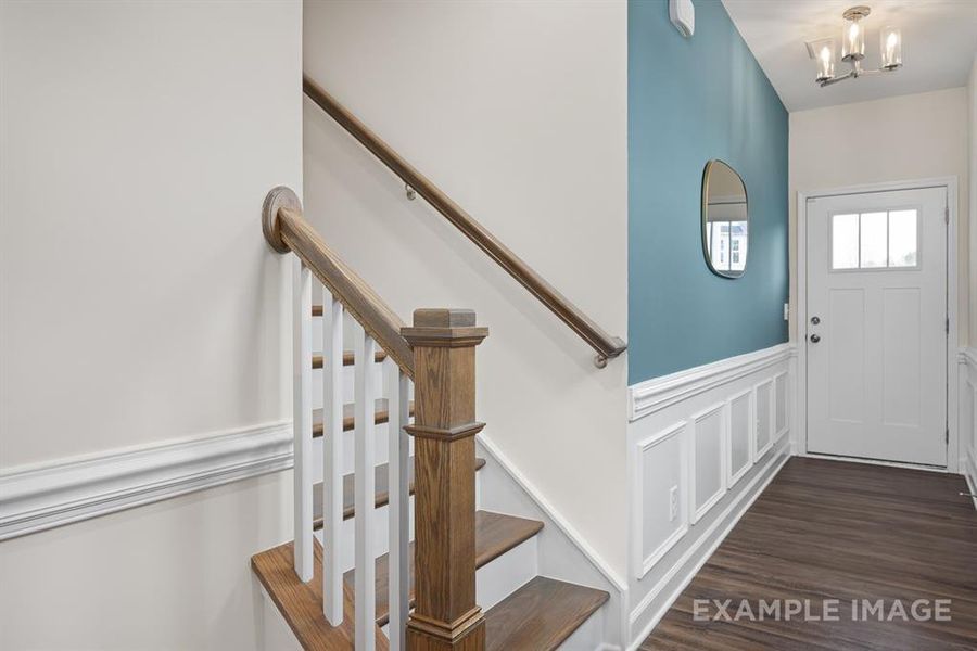 Foyer entrance with a chandelier and dark wood-type flooring