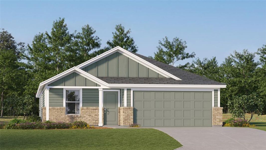 Craftsman-style house featuring board and batten siding, a garage, driveway, a front lawn, and brick siding Craftsman-style house featuring board and batten siding, a garage, driveway, a front lawn, and brick siding