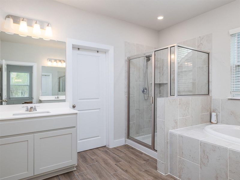 Primary Bathroom featuring a shower stall, vanity, wood tiled floors, and a garden tub