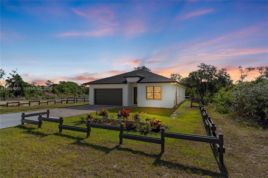 Front exterior at sunset