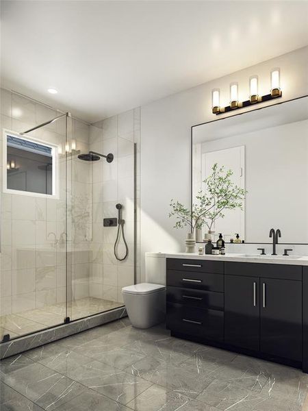 This is a modern bathroom with a walk-in glass shower, sleek dark vanity with a countertop sink, and a minimalist toilet design. The room is well-lit with a stylish light fixture above the mirror.