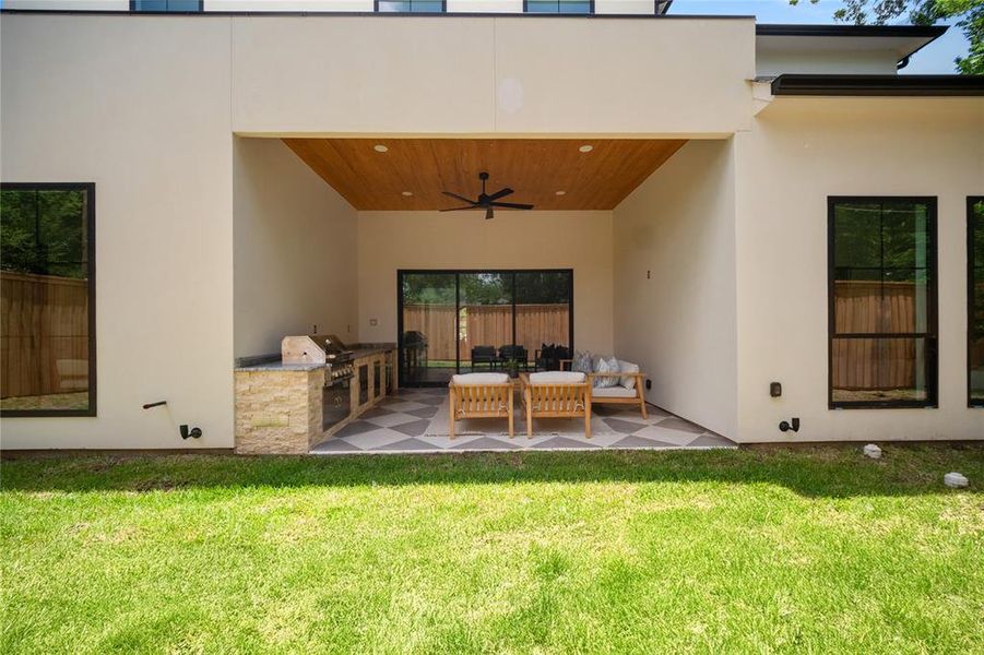 View of patio / terrace featuring an outdoor kitchen and ceiling fan