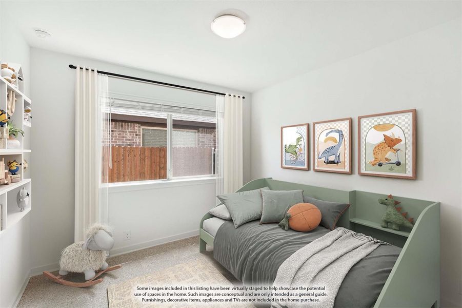 Child's bedroom with green daybed, dinosaur wall art, white shelving, and a window with sheer curtains