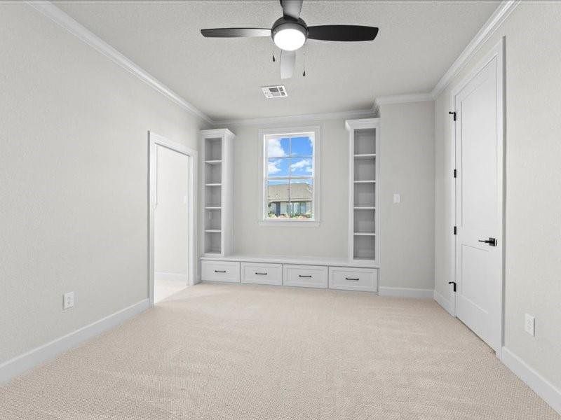 bedroom featuring light carpet, ceiling fan, and crown molding bedroom featuring light carpet, ceiling fan, and crown molding