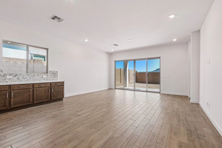 Great room with 4 panel slider