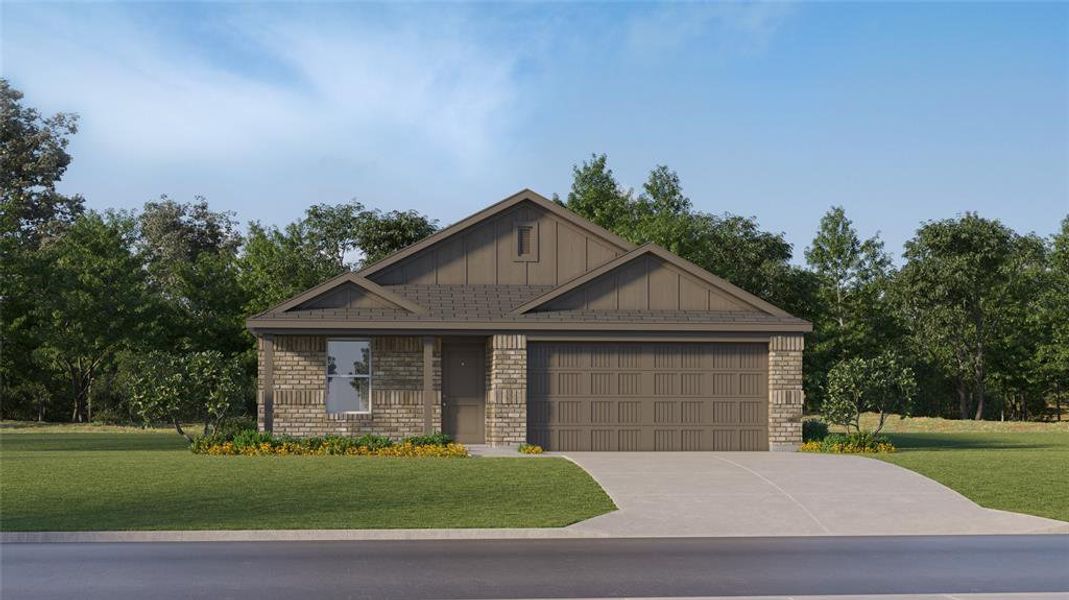 View of front facade with a front yard, board and batten siding, brick siding, an attached garage, and driveway