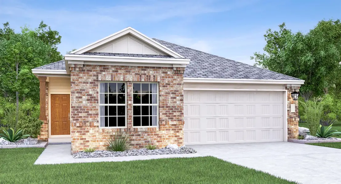 Front exterior of a new home in Meadowlark Preserve: Claremont Collection, Pflugerville, TX, highlighting curb appeal (Image 1).
