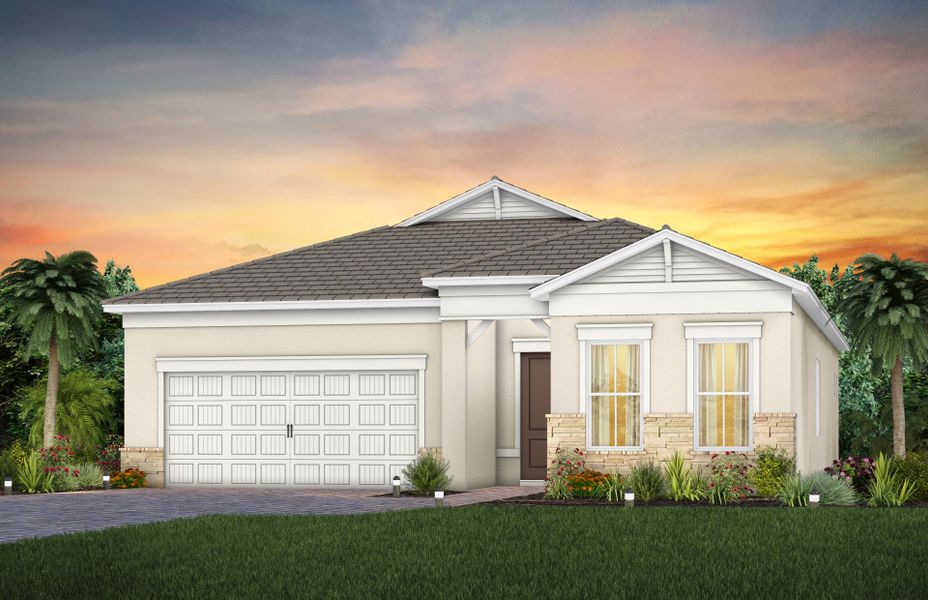 Front exterior of a new home in Highpointe, Stuart, FL, highlighting curb appeal (Image 1).