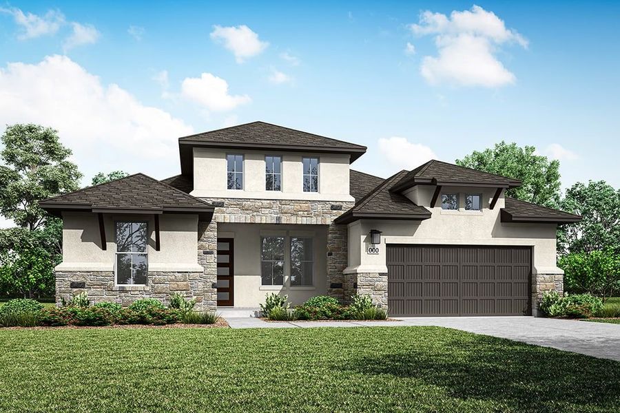 Front exterior of a new home in Capitol Collection at Lariat, Liberty Hill, TX, highlighting curb appeal (Image 1). Front exterior of a new home in Capitol Collection at Lariat, Liberty Hill, TX, highlighting curb appeal (Image 1).