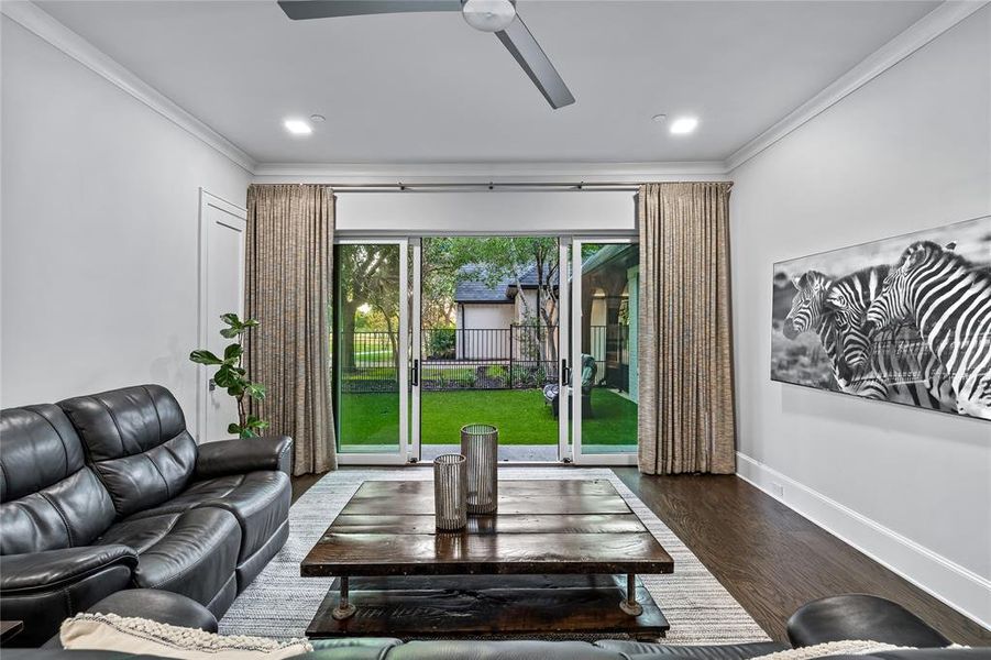 Living room featuring dark hardwood / wood-style floors, ceiling fan, and ornamental molding