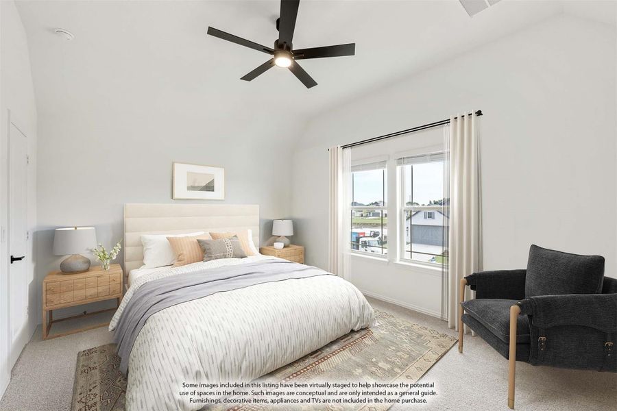Bedroom with vaulted ceiling, black ceiling fan, carpet flooring, and large windows with white curtains