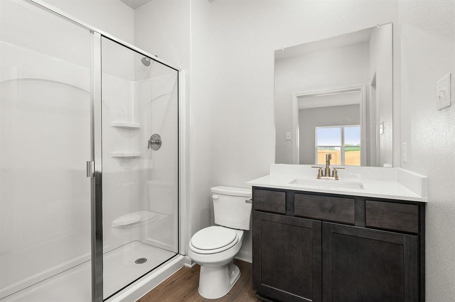 Bathroom with dark wood finished floors, vanity, and a stall shower