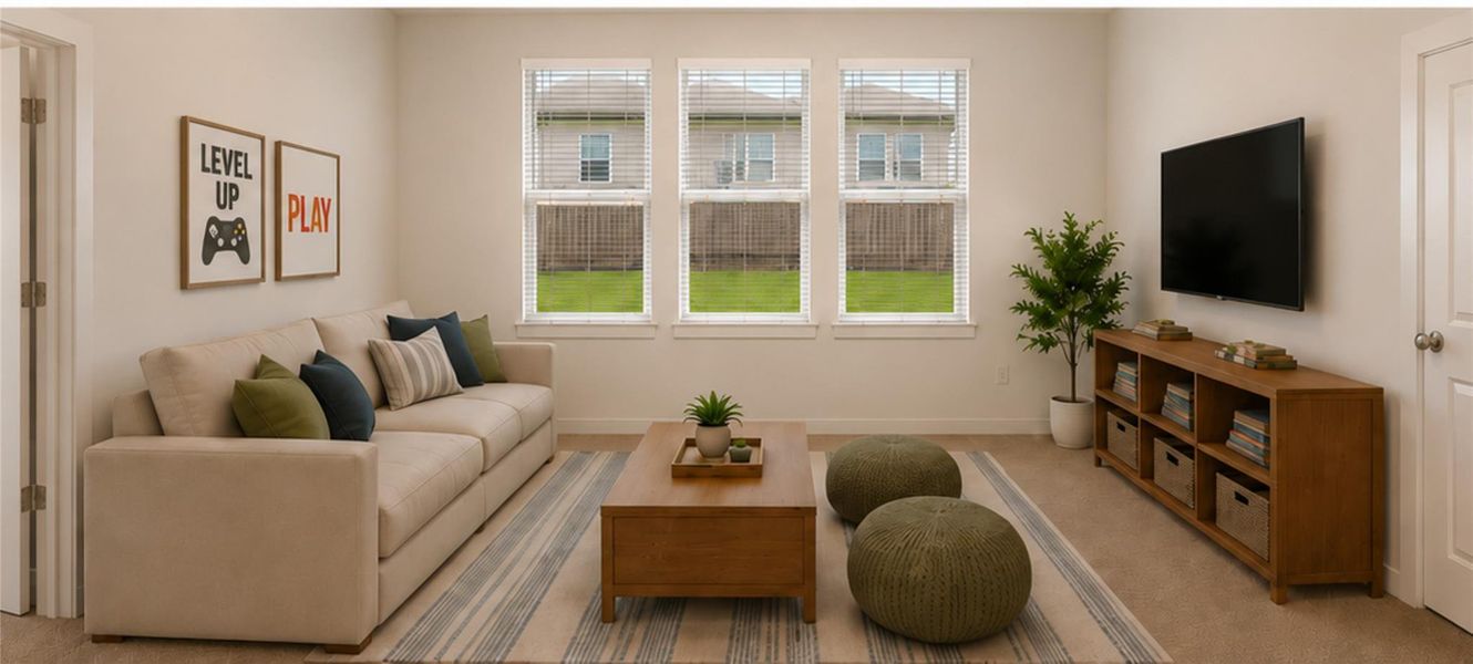 A comfortable gathering space, this bonus living area features large windows and soft carpet underfoot. Virtually staged