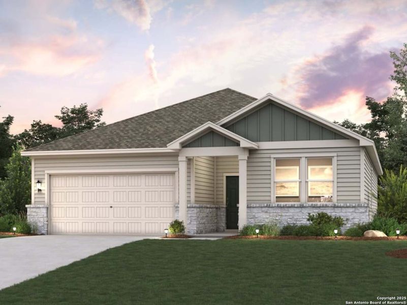 Front exterior of a new home in Cinco Lakes, San Antonio, TX, highlighting curb appeal (Image 2).