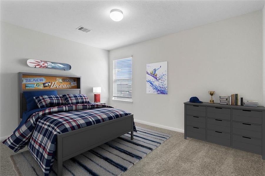 Secondary bedroom features plush carpet, custom paint and a large window.