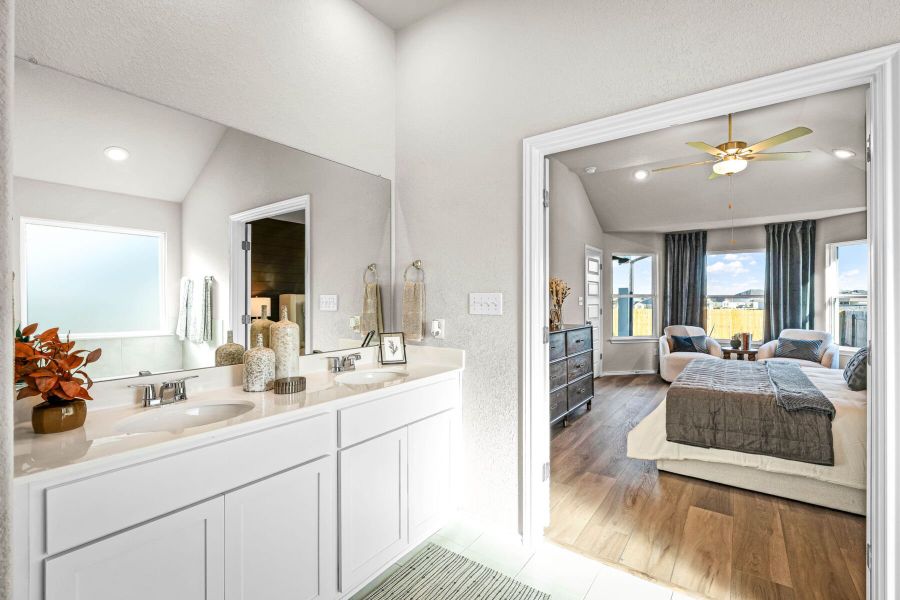 This is the primary bathroom of the Hawkins plan and is the model home in Carillon at 13305 Eppright Trace Blvd., Manor, TX. This is the primary bathroom of the Hawkins plan and is the model home in Carillon at 13305 Eppright Trace Blvd., Manor, TX.