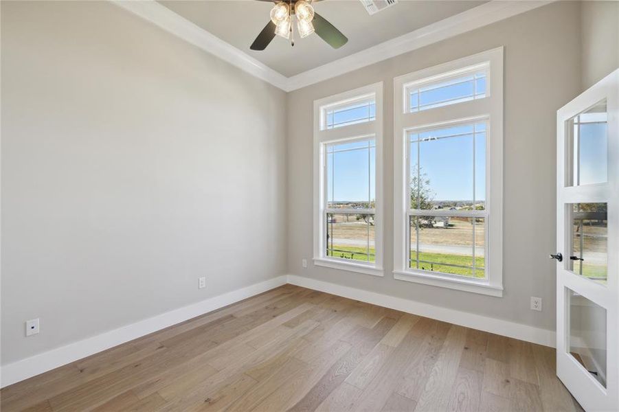 Unfurnished room featuring ceiling fan, crown molding, and light hardwood / wood-style flooring