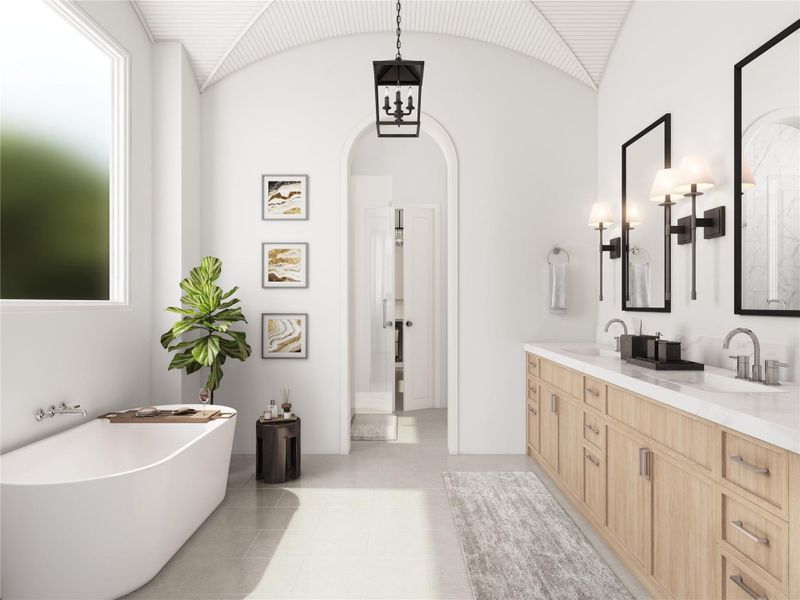 An alternative angle highlights the spa-like ambiance, luxurious materials, and spacious layout. The dual vanities, soaking tub, and elegant finishes come together to create the ultimate retreat. An alternative angle highlights the spa-like ambiance, luxurious materials, and spacious layout. The dual vanities, soaking tub, and elegant finishes come together to create the ultimate retreat.
