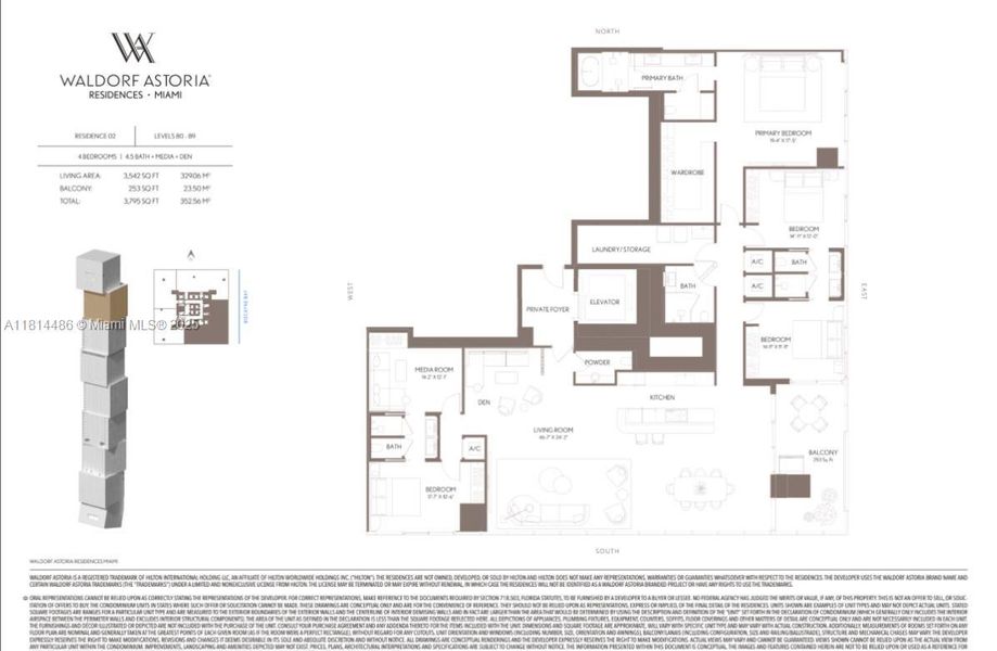 2D floor plan layout of this home in Waldorf Astoria Residences Miami, Miami, FL (Image 1).