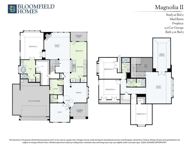 Bloomfield Homes Magnolia II two-story floor plan with 5 bedrooms, game room, media room, and 2.5-car garage.
