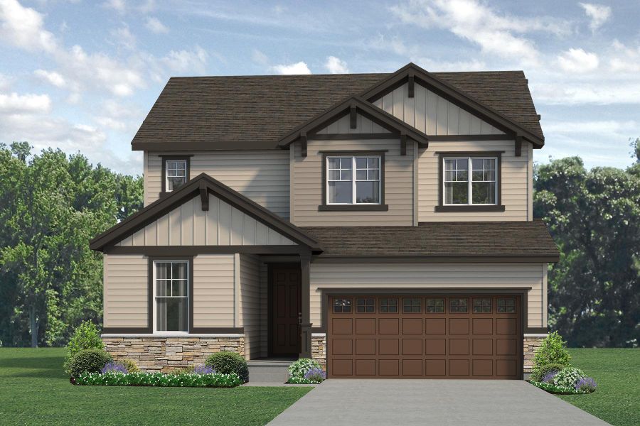 Representative exterior photo of a completed home built from the Jackson by Risewell Homes in Highlands Preserve, Mead, CO (Image 3). Representative exterior photo of a completed home built from the Jackson by Risewell Homes in Highlands Preserve, Mead, CO (Image 3).