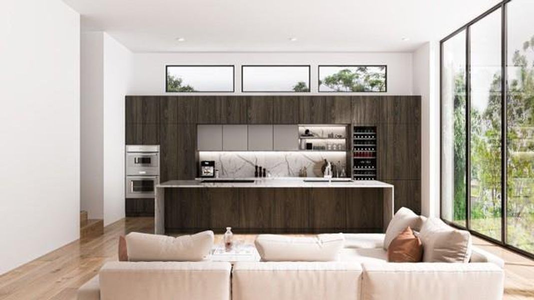 This photo showcases a modern, open-concept kitchen with sleek, dark cabinetry and built-in appliances. The space features a large island with a quartz countertop and waterfall quartz countertop. Floor-to-ceiling windows provide abundant natural light and a view of greenery, creating a bright and inviting atmosphere. VIrtually Staged. This photo showcases a modern, open-concept kitchen with sleek, dark cabinetry and built-in appliances. The space features a large island with a quartz countertop and waterfall quartz countertop. Floor-to-ceiling windows provide abundant natural light and a view of greenery, creating a bright and inviting atmosphere. VIrtually Staged.