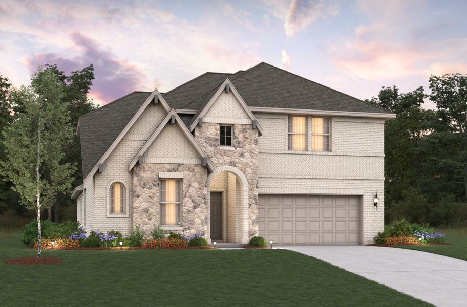 Front exterior of a new home in Valencia on the Lake, Little Elm, TX, highlighting curb appeal (Image 1). Front exterior of a new home in Valencia on the Lake, Little Elm, TX, highlighting curb appeal (Image 1).