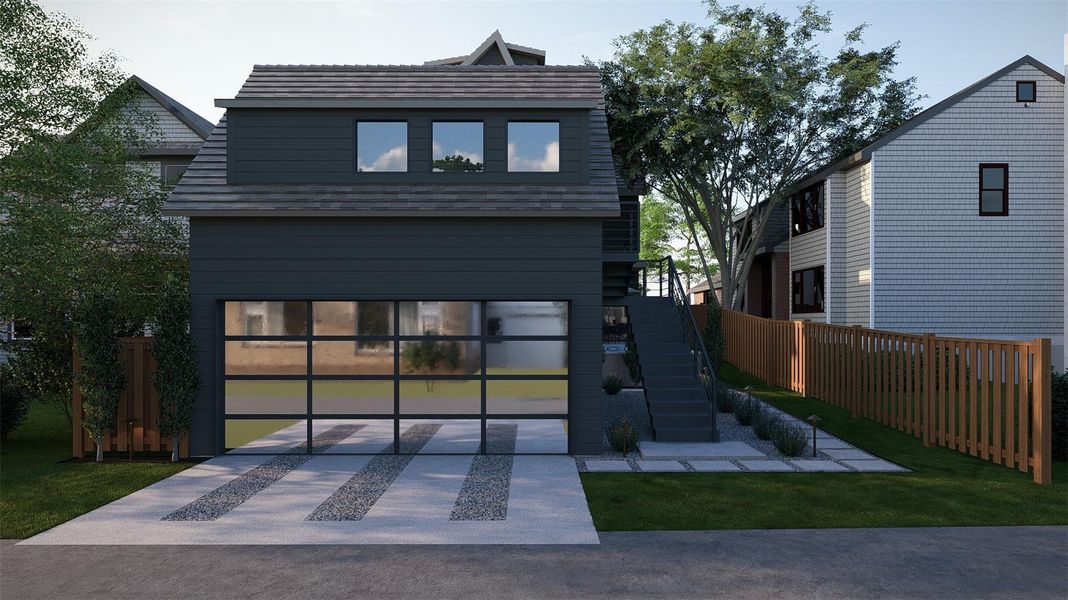 Modern architectural lines define this detached multi-level structure featuring a glass-paneled garage door. Modern architectural lines define this detached multi-level structure featuring a glass-paneled garage door.