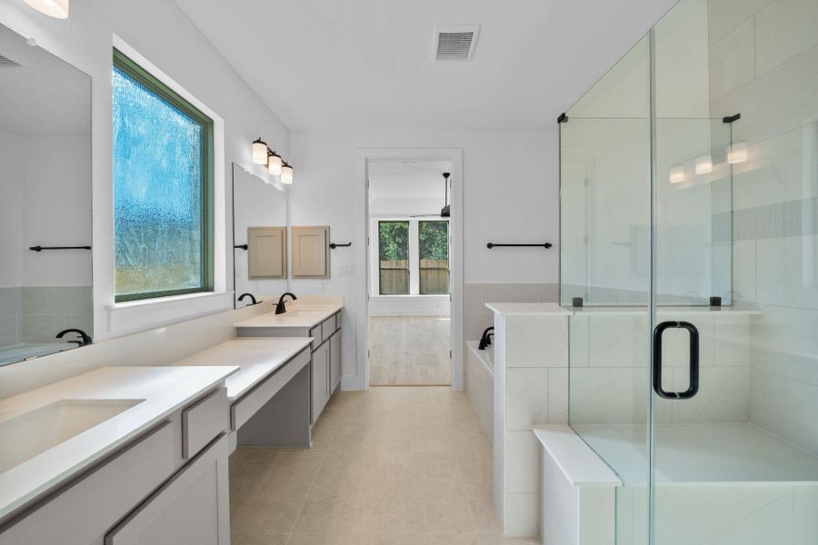 Primary Bath retreat with dual vanities, garden tub & walk-in shower
