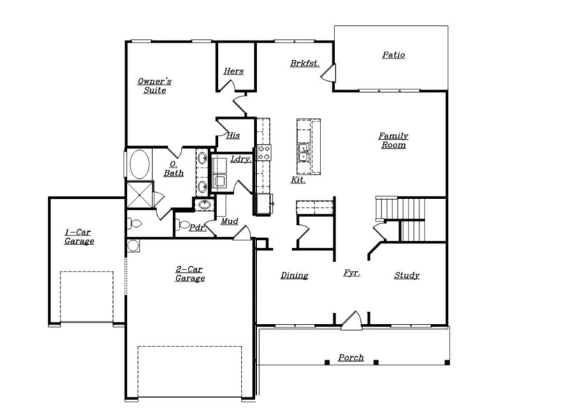 2D floor plan layout for the (GA) Brooks A 3 Side Entry by Reliant Homes in Youth Jersey Rd, Covington, GA (Image 2).