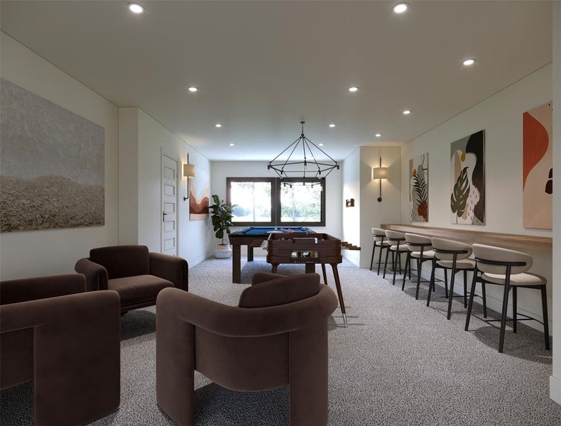 Rendering photo-Spacious and stylish game room featuring a pool table, cozy seating, and a chic bar area—perfect for entertaining and relaxation.