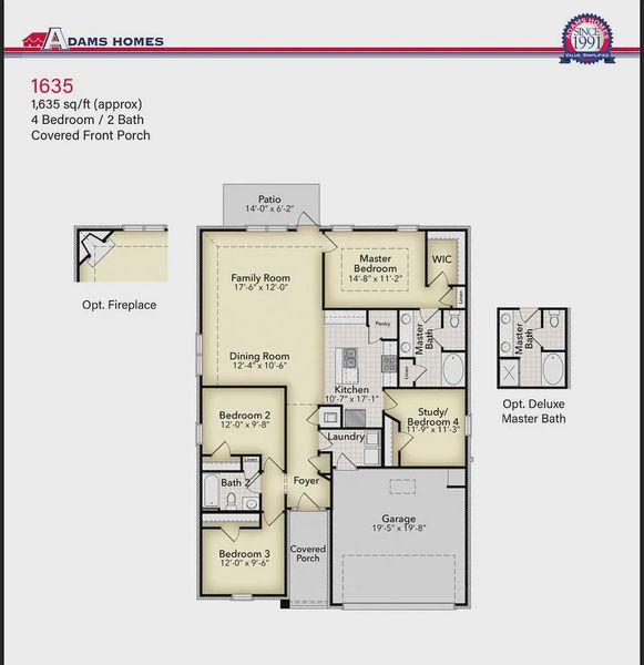 2D floor plan layout for the 1635-C by Adams Homes in Kirkland Farms, Alachua, FL (Image 6).
