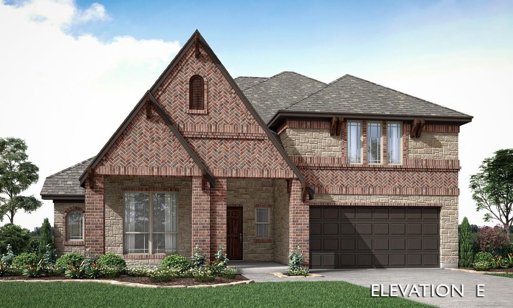 Two-story brick and stone home with two-car garage, steep roofline, and large front windows, Elevation E Two-story brick and stone home with two-car garage, steep roofline, and large front windows, Elevation E