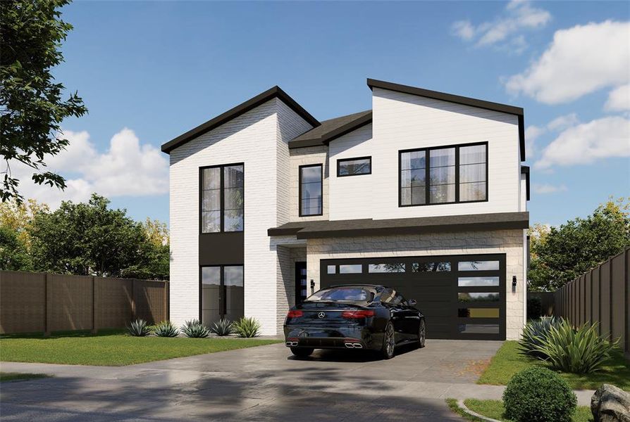 Contemporary two-story residence featuring a white brick and horizontal siding facade Contemporary two-story residence featuring a white brick and horizontal siding facade