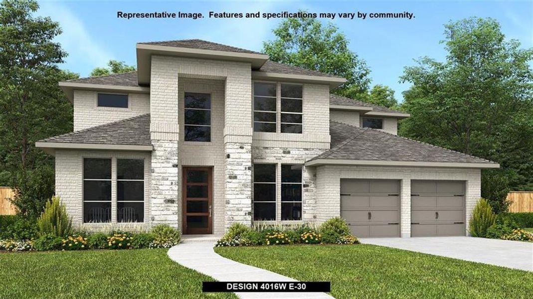 View of front facade with a garage and a front lawn