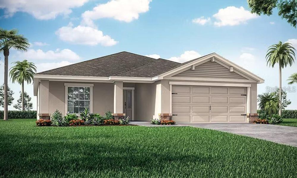 Front exterior of a new home in Geneva Landings, Davenport, FL, highlighting curb appeal (Image 1).